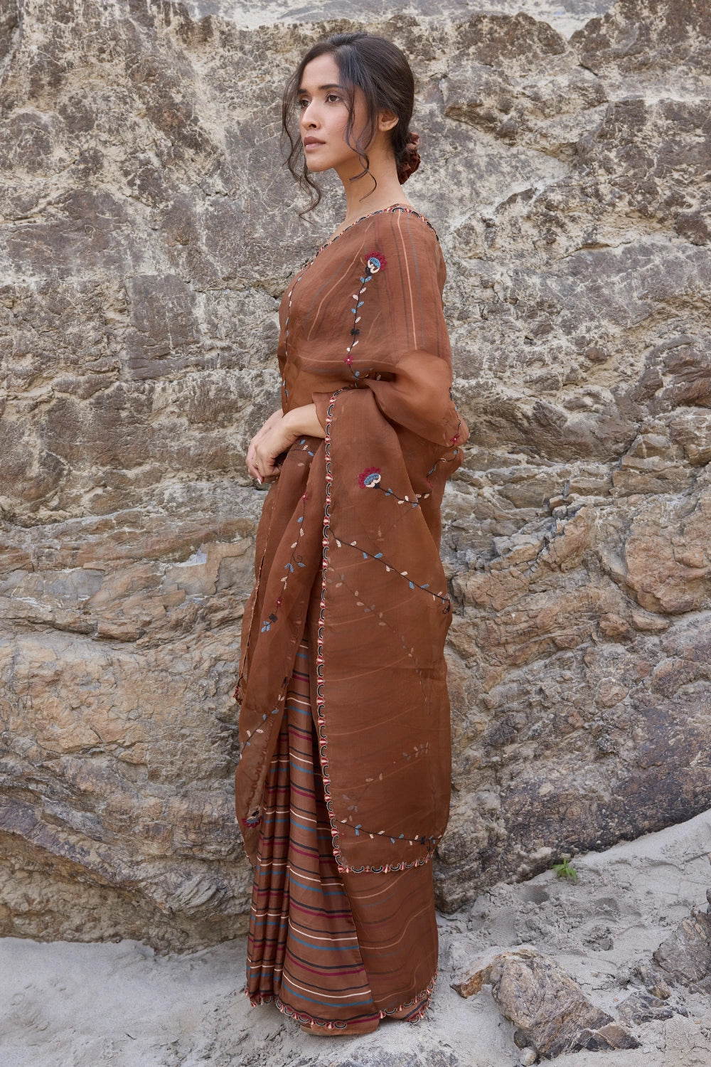 Brown Striper Pleates with Embroidered Pallu Saree