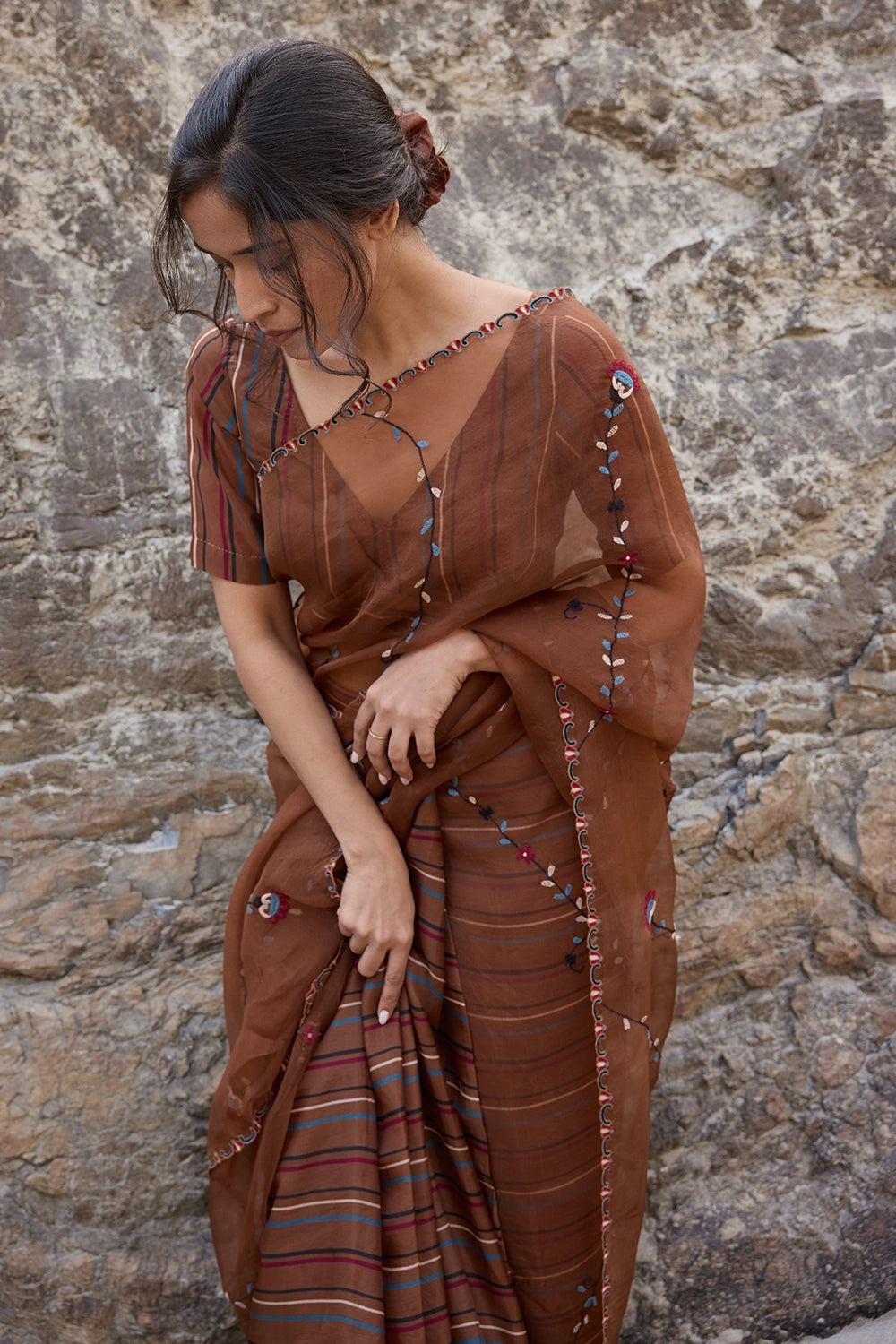 Brown Striper Pleates with Embroidered Pallu Saree