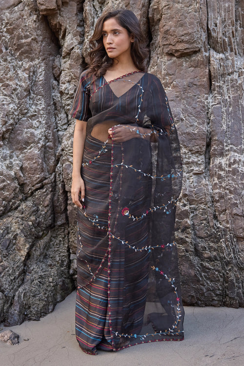 Black Striper Pleates with Embroidered Pallu Saree