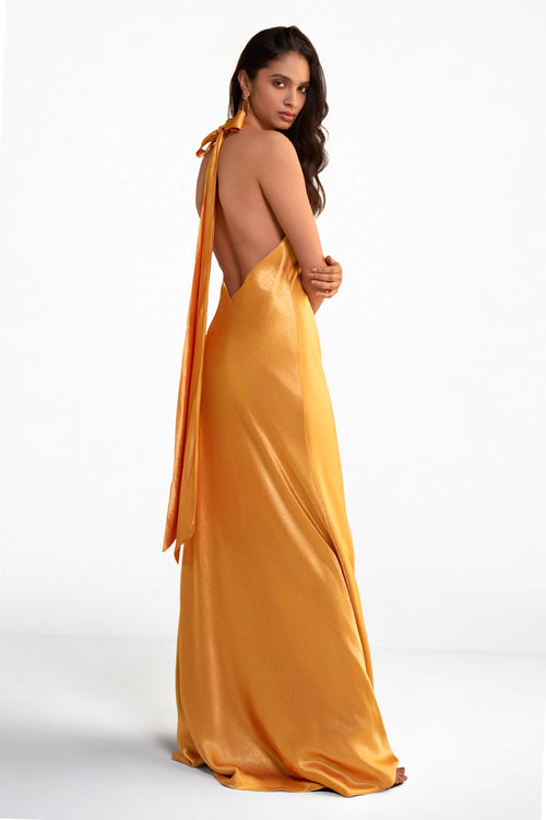 Back Knot Halter Satin Maxi