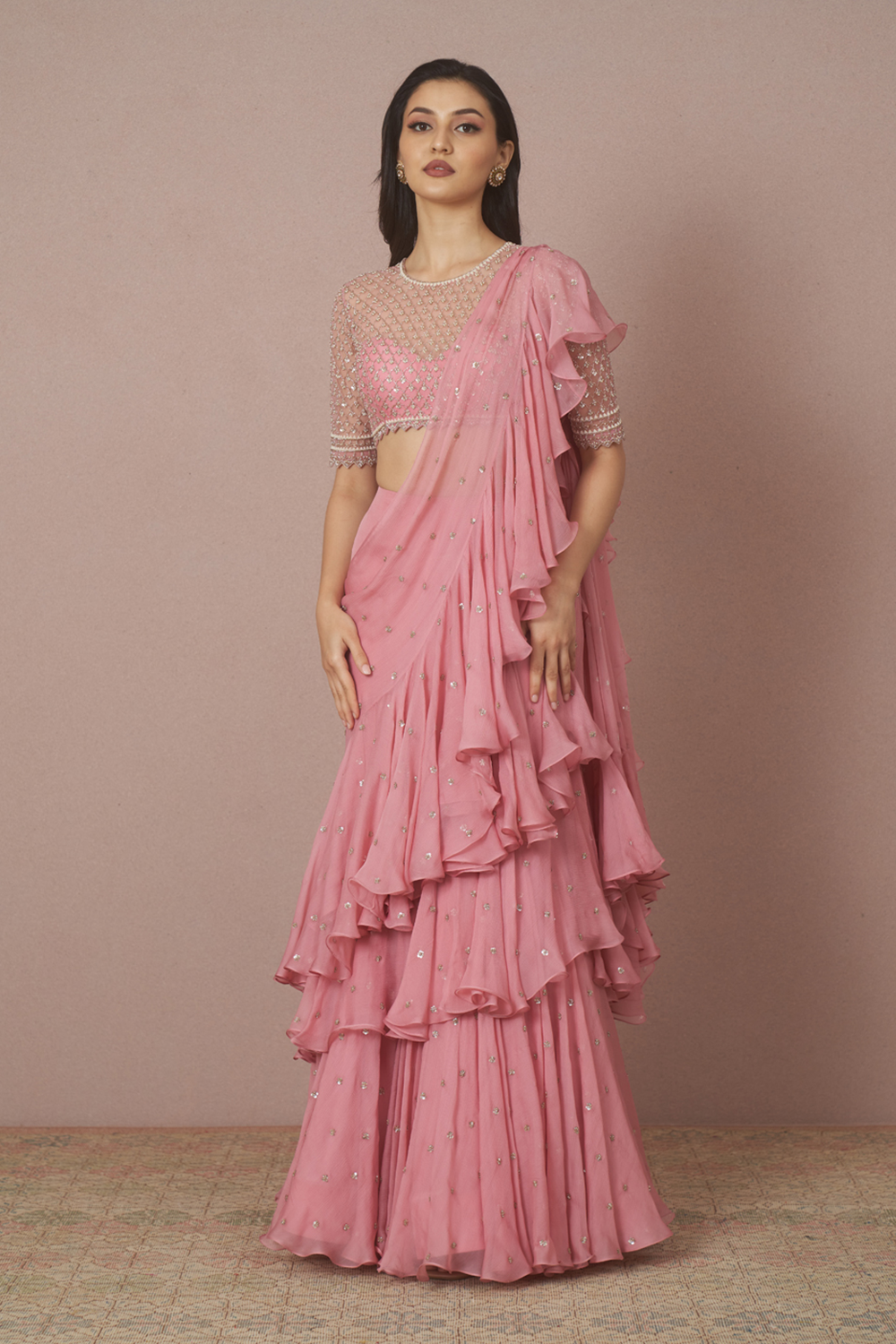 Pale Pink Ruffled Saree with Blouse