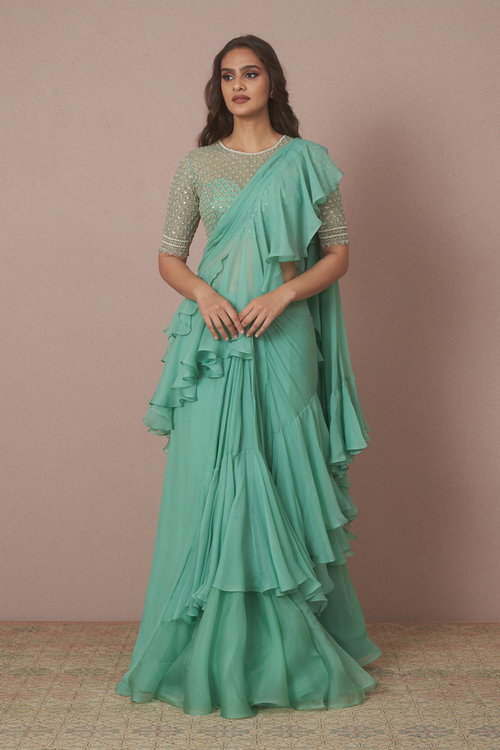 Sea Green Ruffle Saree with Blouse