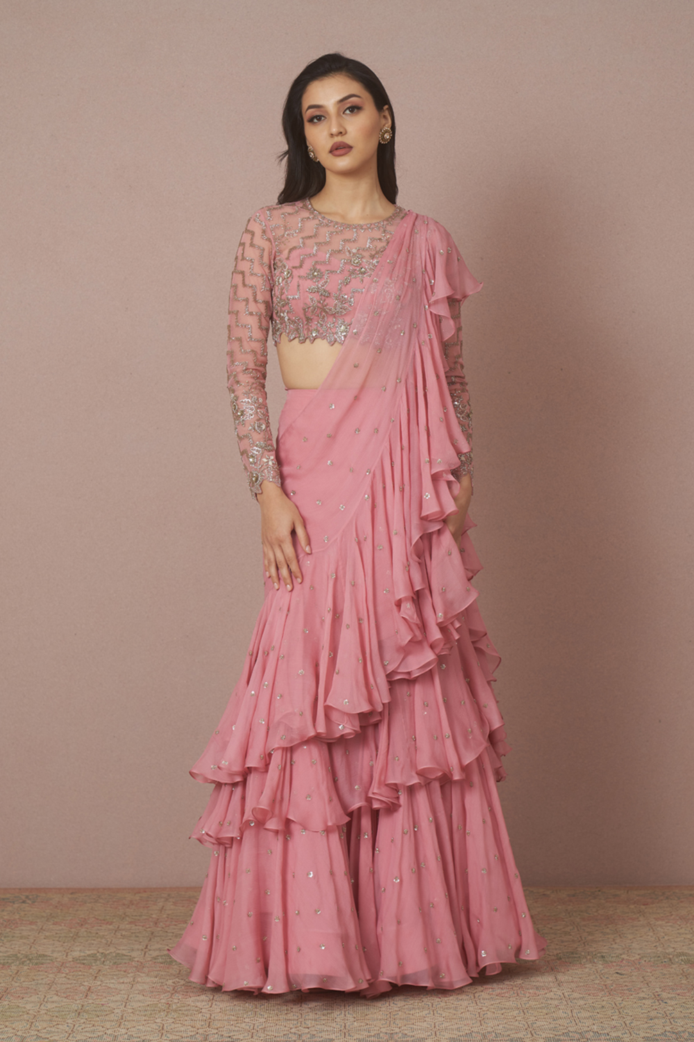 Blush Pink Ruffle Saree with Blouse