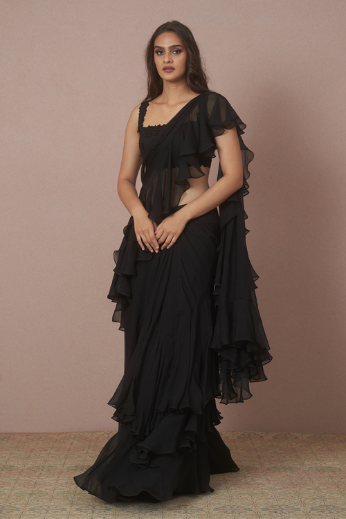 Black Ruffle Saree with Blouse