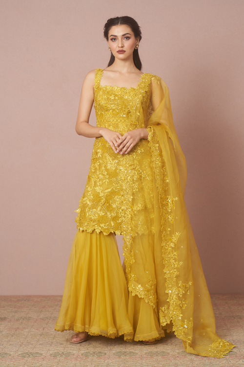 Mustard Yellow Embroidered Sharara Set