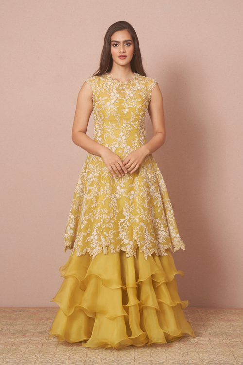 Yellow Embroidered 7 Kali Kurta Set
