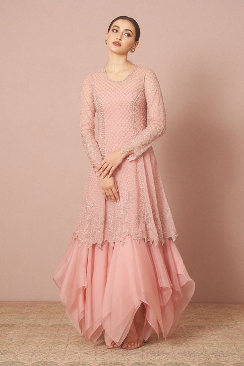 Peach Embroidered 6 Kali Kurta Set