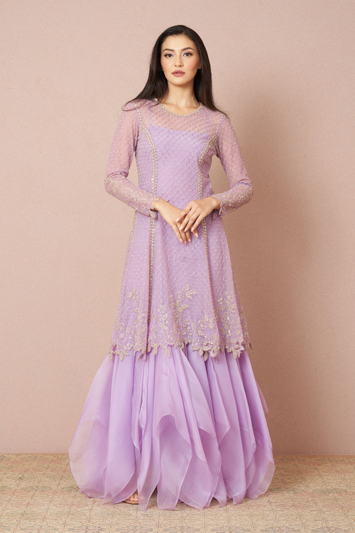 Lavender Embroidered 6 Kali Kurta Set