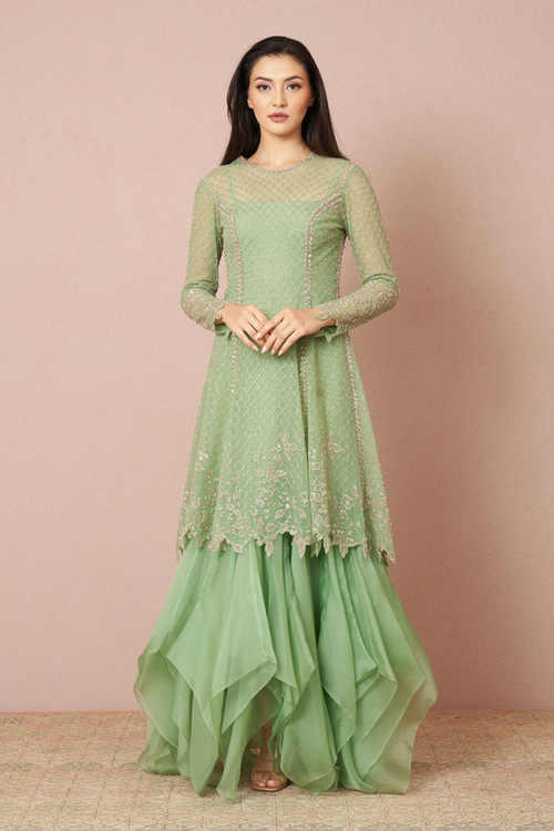 Pista Green Embroidered 6 Kali Kurta Set