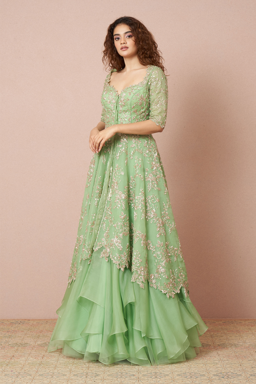 Pista Green Embroidered Jacket Set
