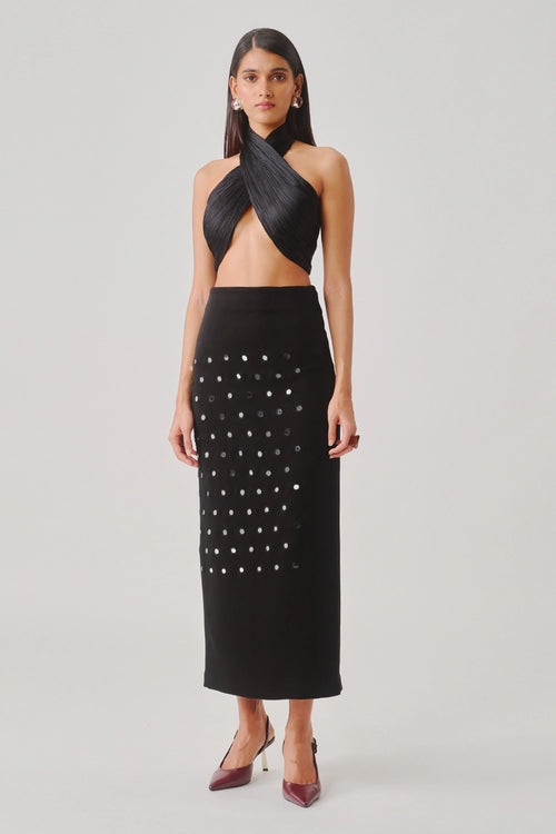 Hope Halter Neck Top In Black With Black Constellation Skirt