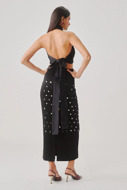 Hope Halter Neck Top In Black With Black Constellation Skirt
