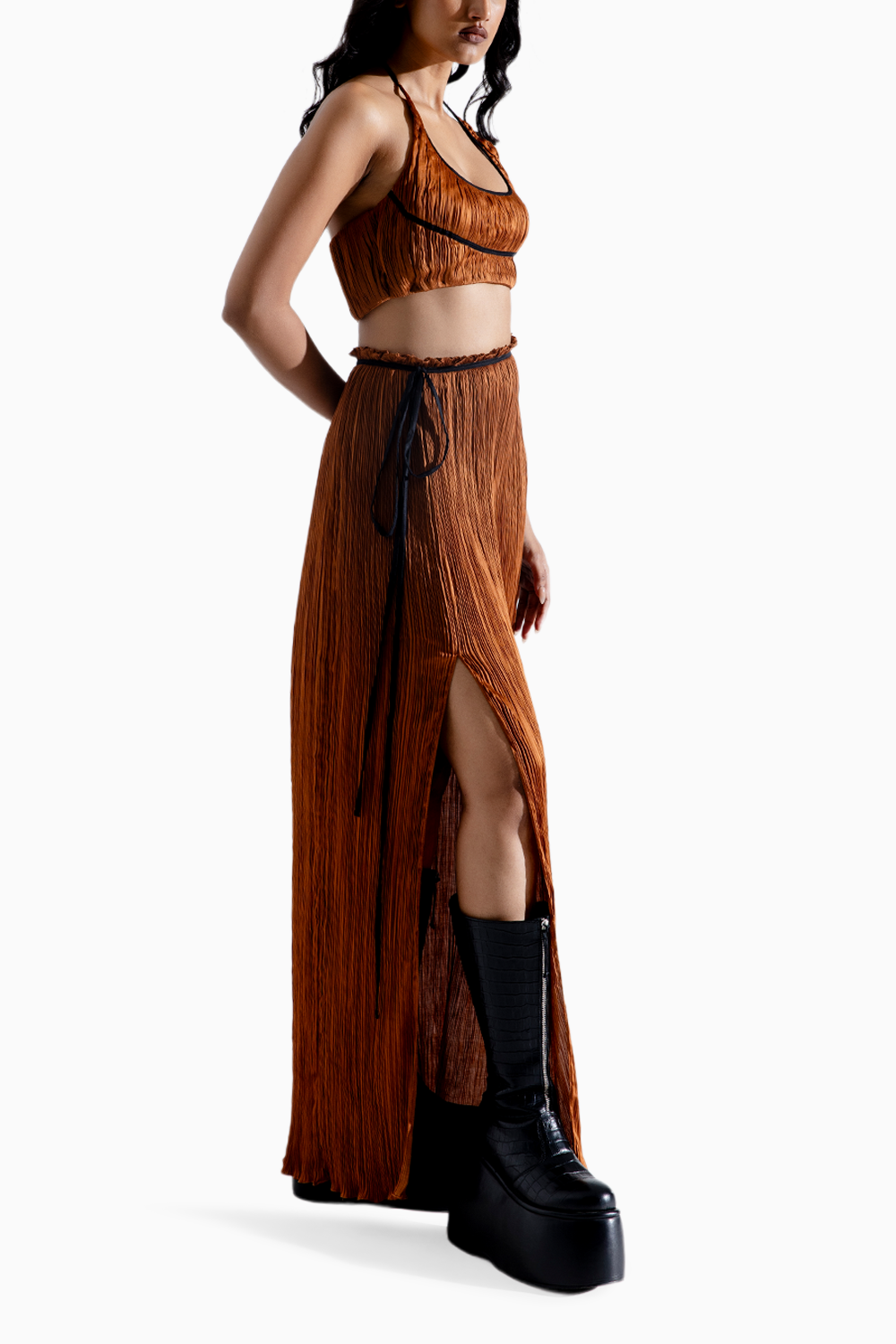 Bronze Ruched Crop Top and Skirt