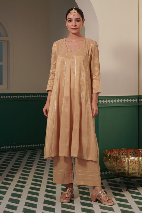 Gold Gota Tissue Anarkali with Wide Leg Pants