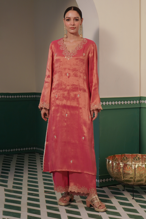 Peony Zari Tissue Kurta with Wide Leg Pants