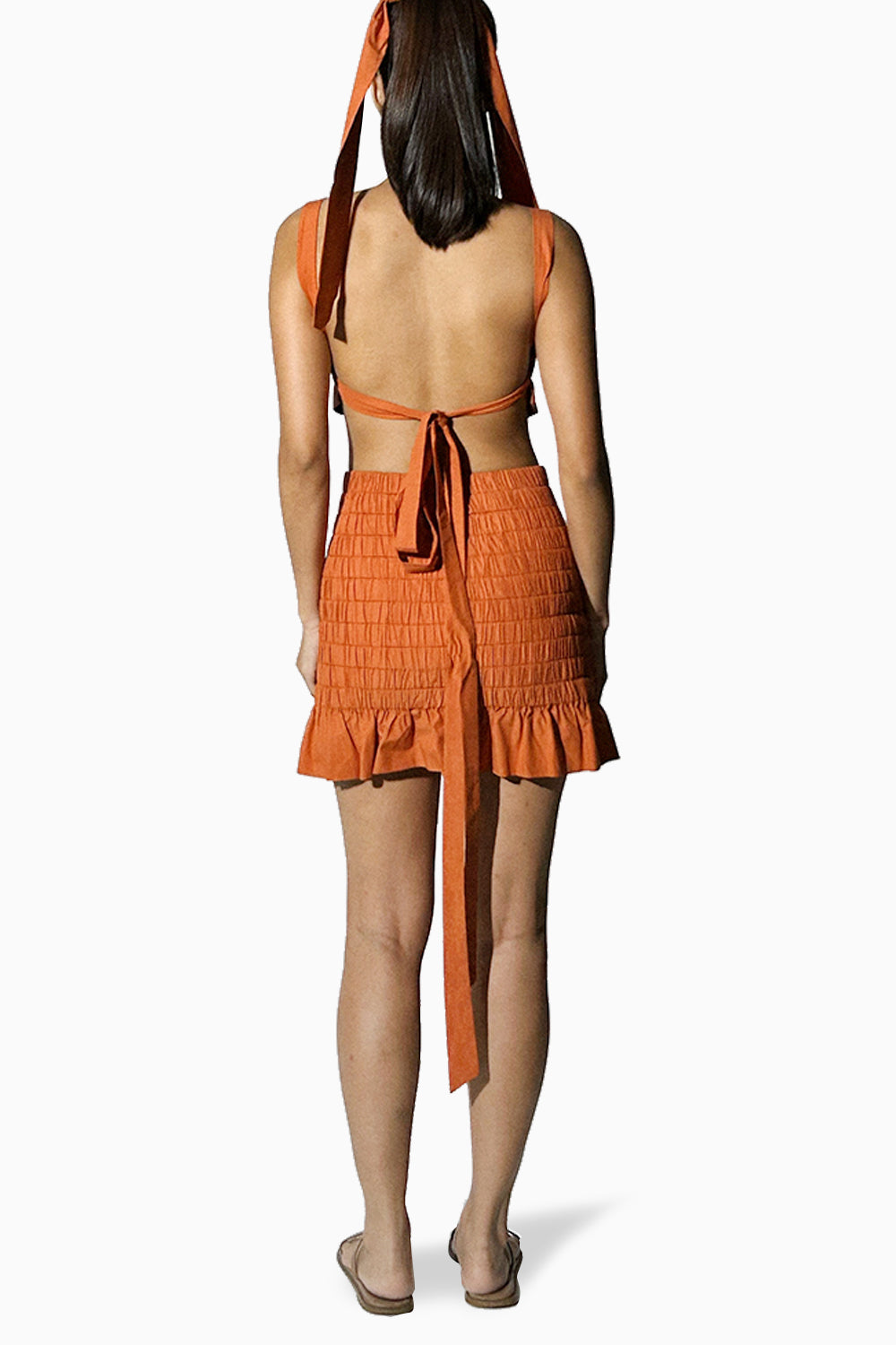 Terracotta Poplin Adjustable Top with High-waist Skirt