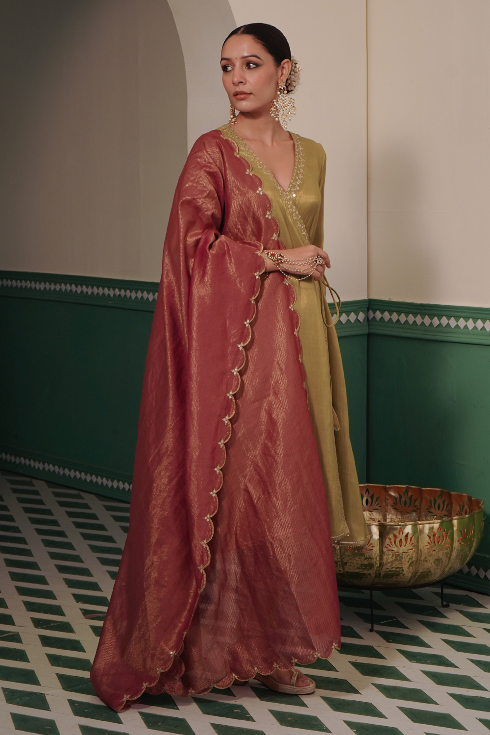 Meadow Green Tissue Angrakha and Pants with Dupatta