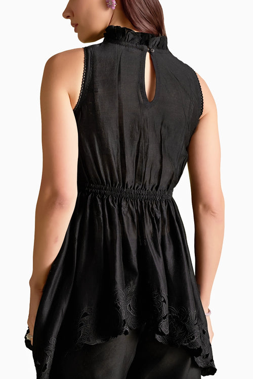 Black Ruched Cutwork Peplum Top