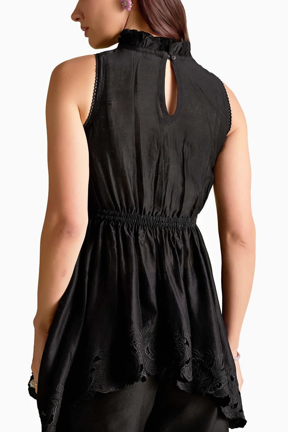 Black Ruched Cutwork Peplum Top