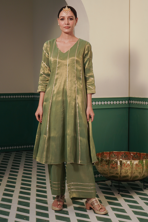 Moss Gota Tissue Anarkali with Wide Leg Pants