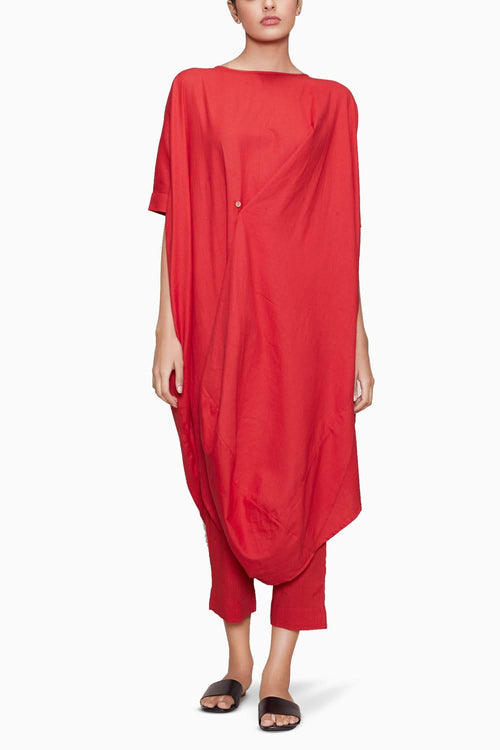 Red Cowl Button Tunic