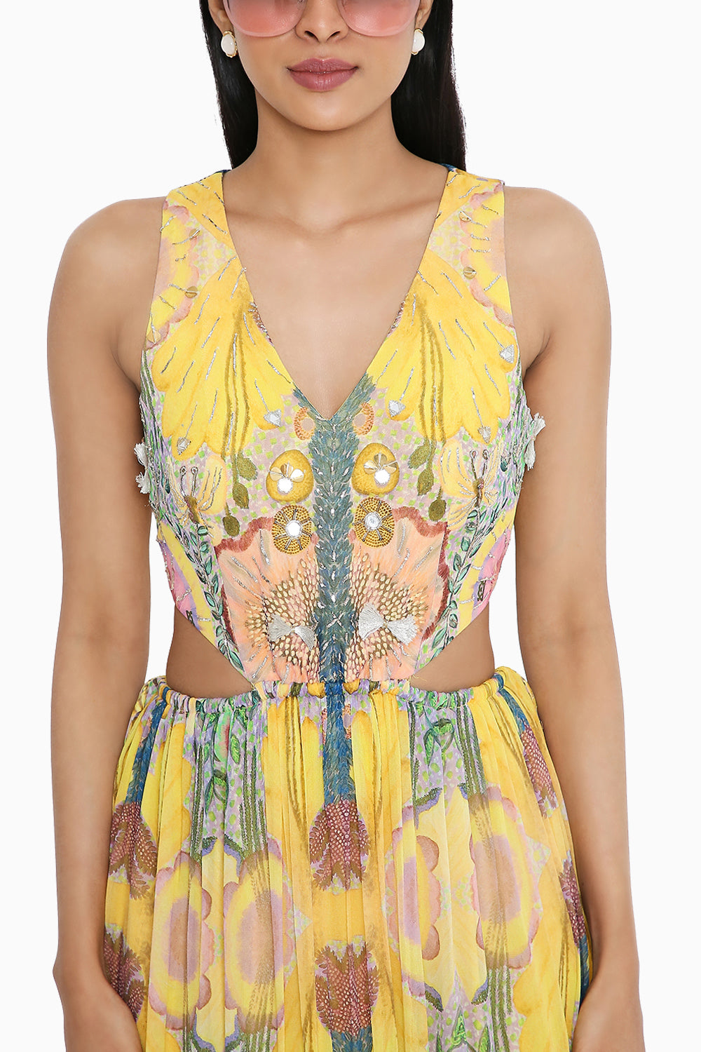 Yellow Enchanted Print Embroidered Cut-Out Dress