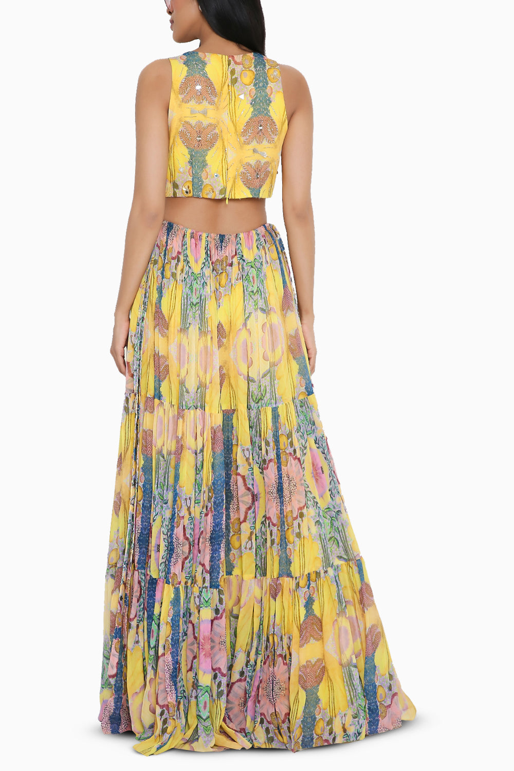 Yellow Enchanted Print Embroidered Cut-Out Dress