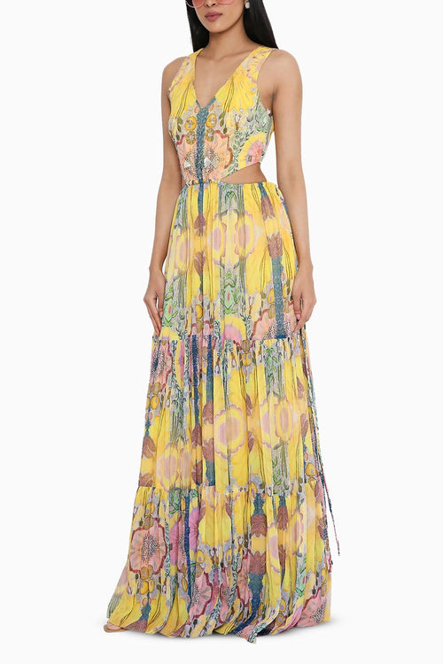 Yellow Enchanted Print Embroidered Cut-Out Dress