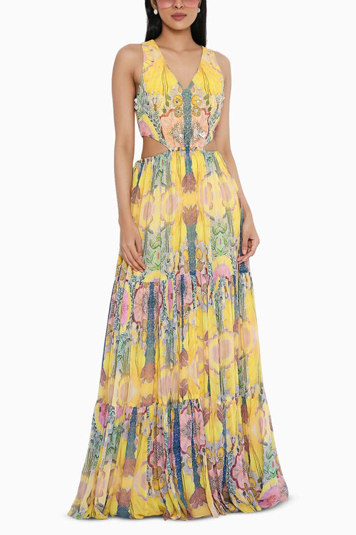 Yellow Enchanted Print Embroidered Cut-Out Dress
