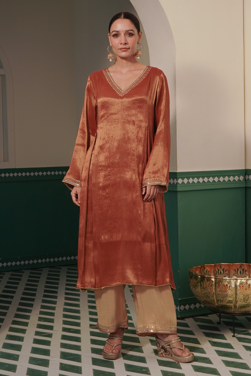 Rustic Shimmer Tissue Kurta with Wide Leg Pants