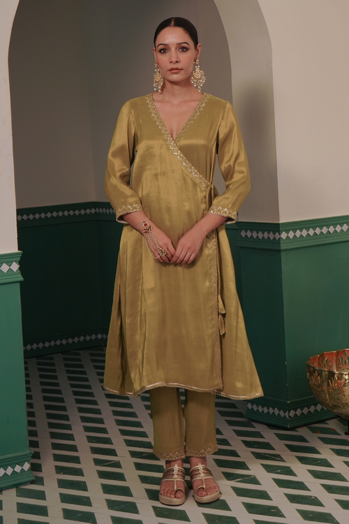 Meadow Green Tissue Angrakha and Narrow Pants