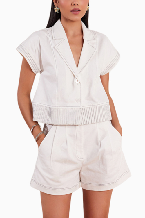 White Denim Crop Jacket and Shorts with Blue Cording Detail