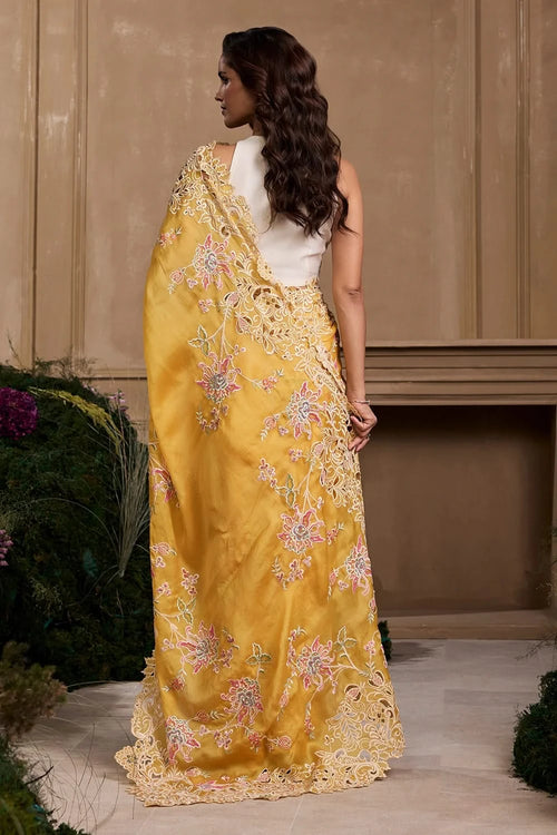 Yellow Contrast Cutwork Embroidered Saree With 3D Rose Applique Top