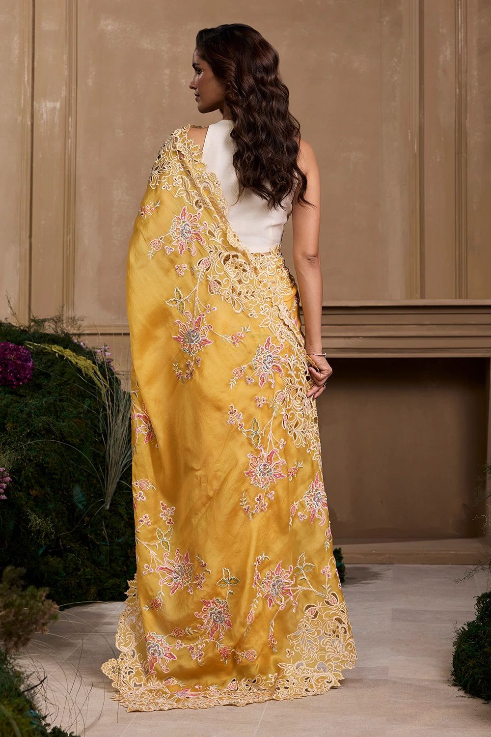 Yellow Contrast Cutwork Embroidered Saree With 3D Rose Applique Top