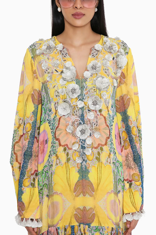 Yellow Enchanted Print Embroidered Boho Dress