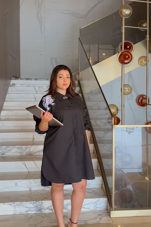 Black Cotton Dress with Cutwork Embroidery