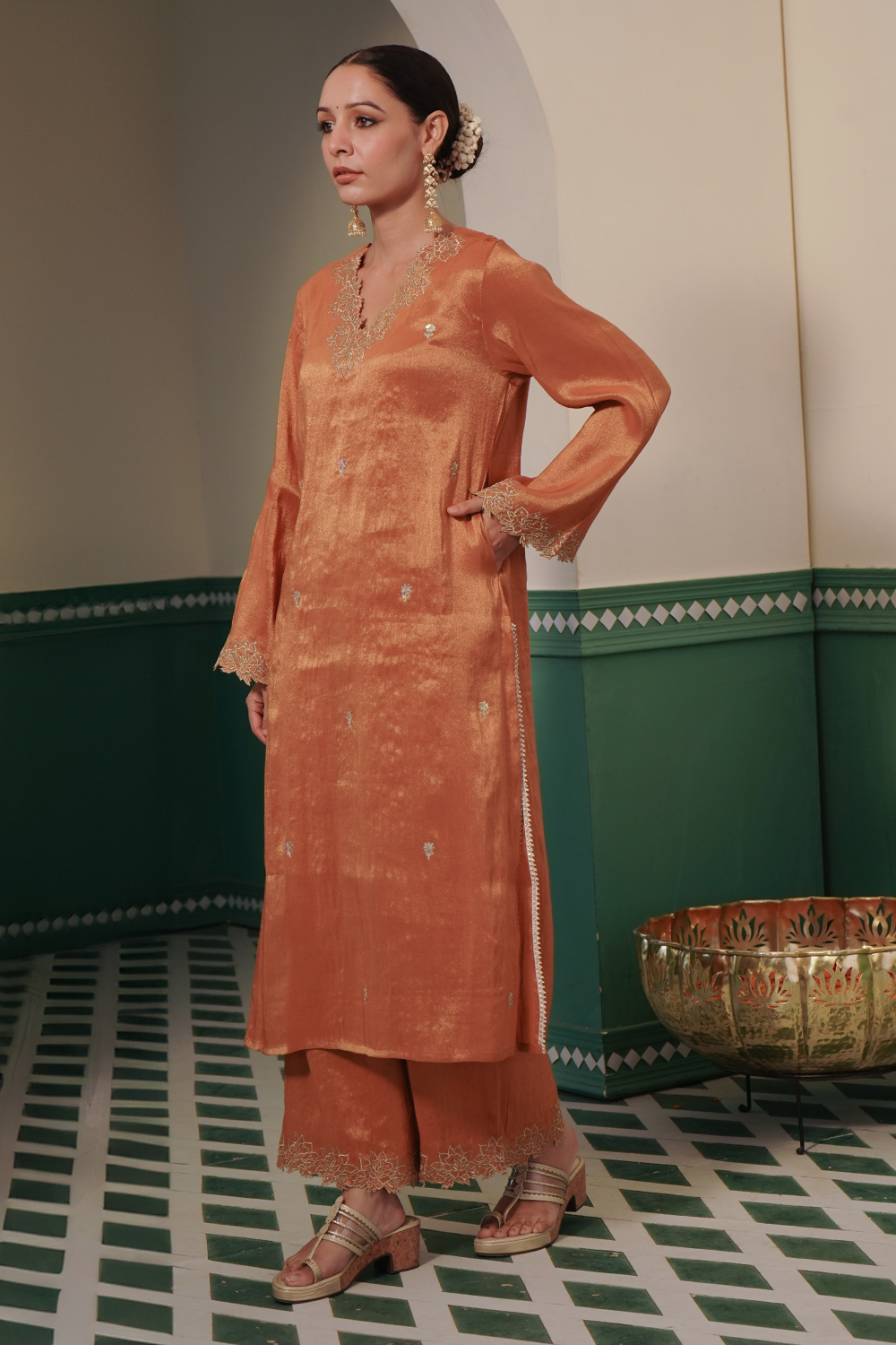 Amber Zari Tissue Kurta with Wide Leg Pants