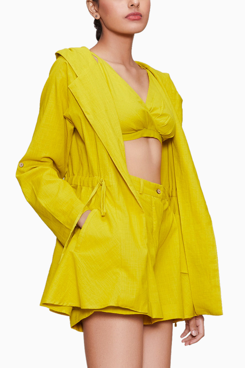 Yellow Hooded Shorts Set