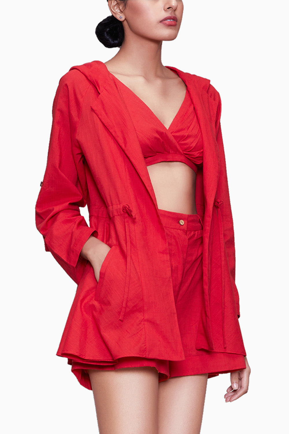 Red Hooded Shorts Set