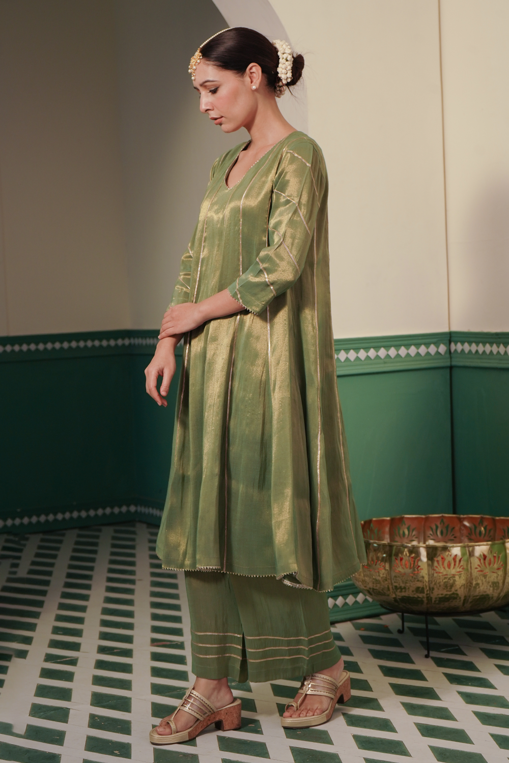 Moss Gota Tissue Anarkali with Wide Leg Pants