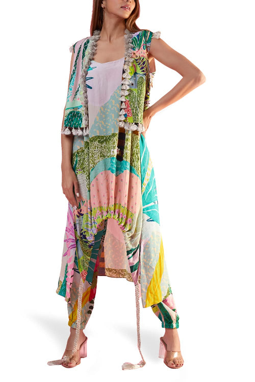Green Tropical Printed Kurta Set with Embroidered Jacket