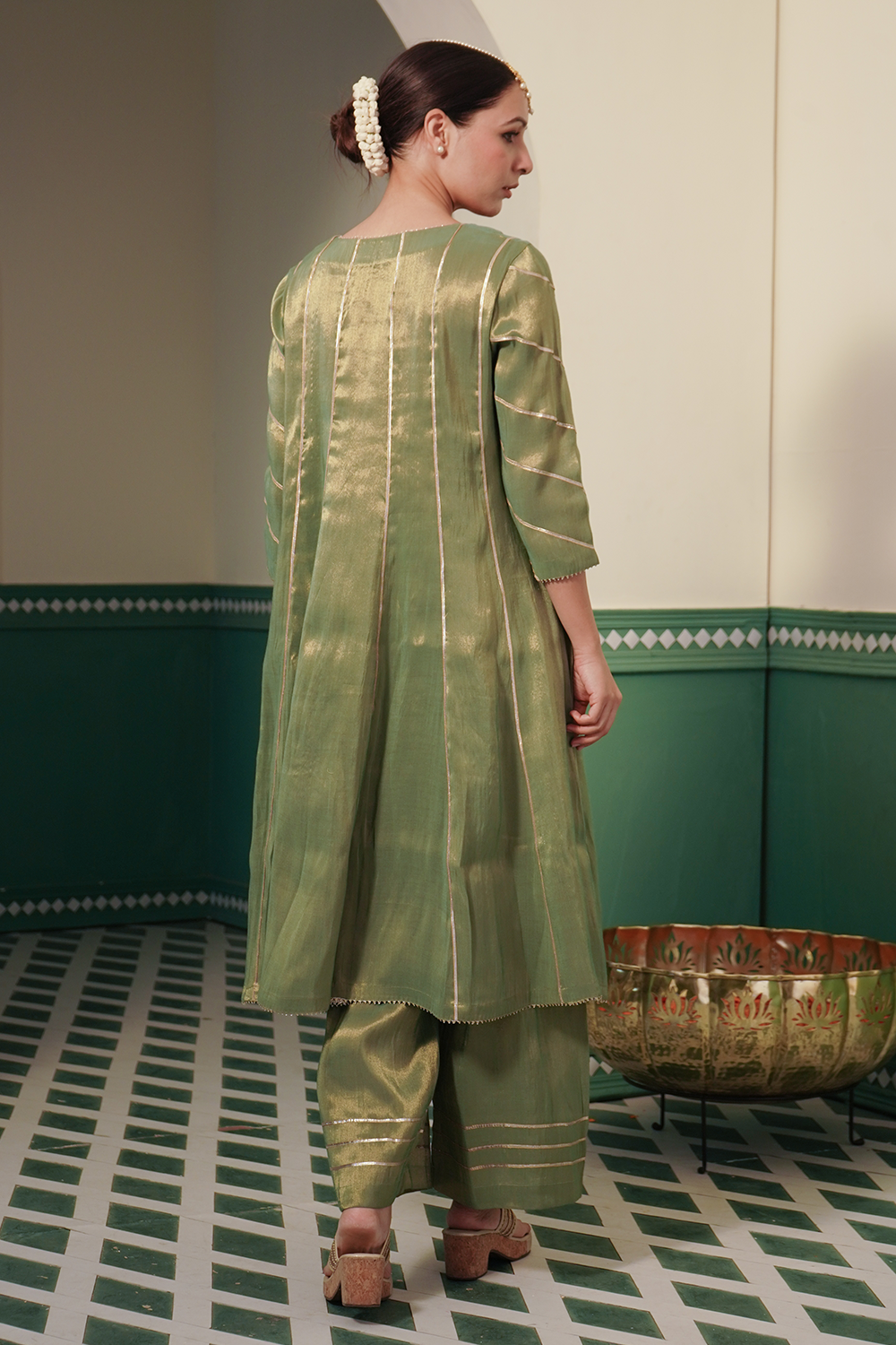 Moss Gota Tissue Anarkali with Wide Leg Pants