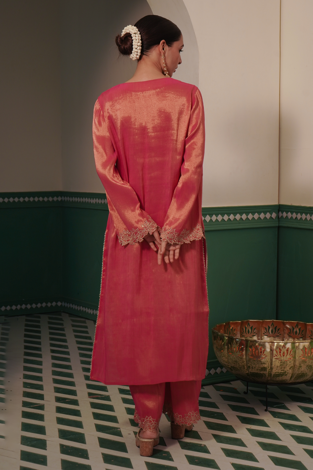 Peony Zari Tissue Kurta with Wide Leg Pants