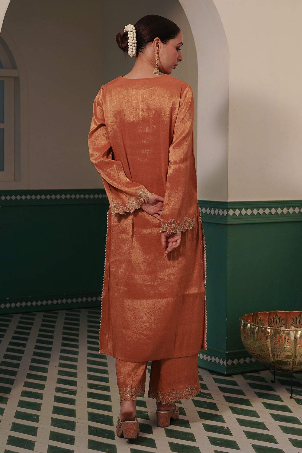 Amber Zari Tissue Kurta with Wide Leg Pants