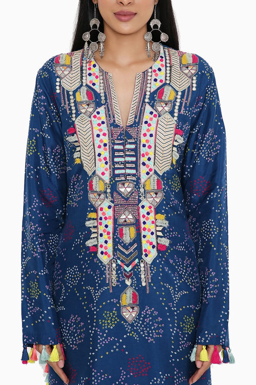 Blue Bandhani Embroidered Kurta with Palazzo and Dupatta