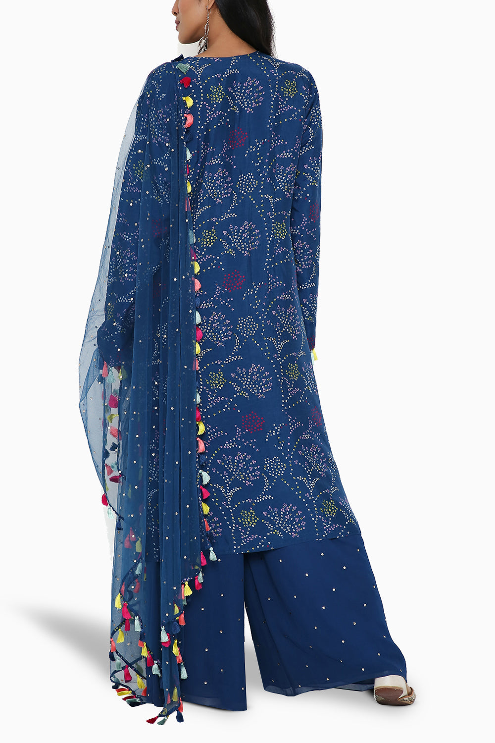 Blue Bandhani Embroidered Kurta with Palazzo and Dupatta