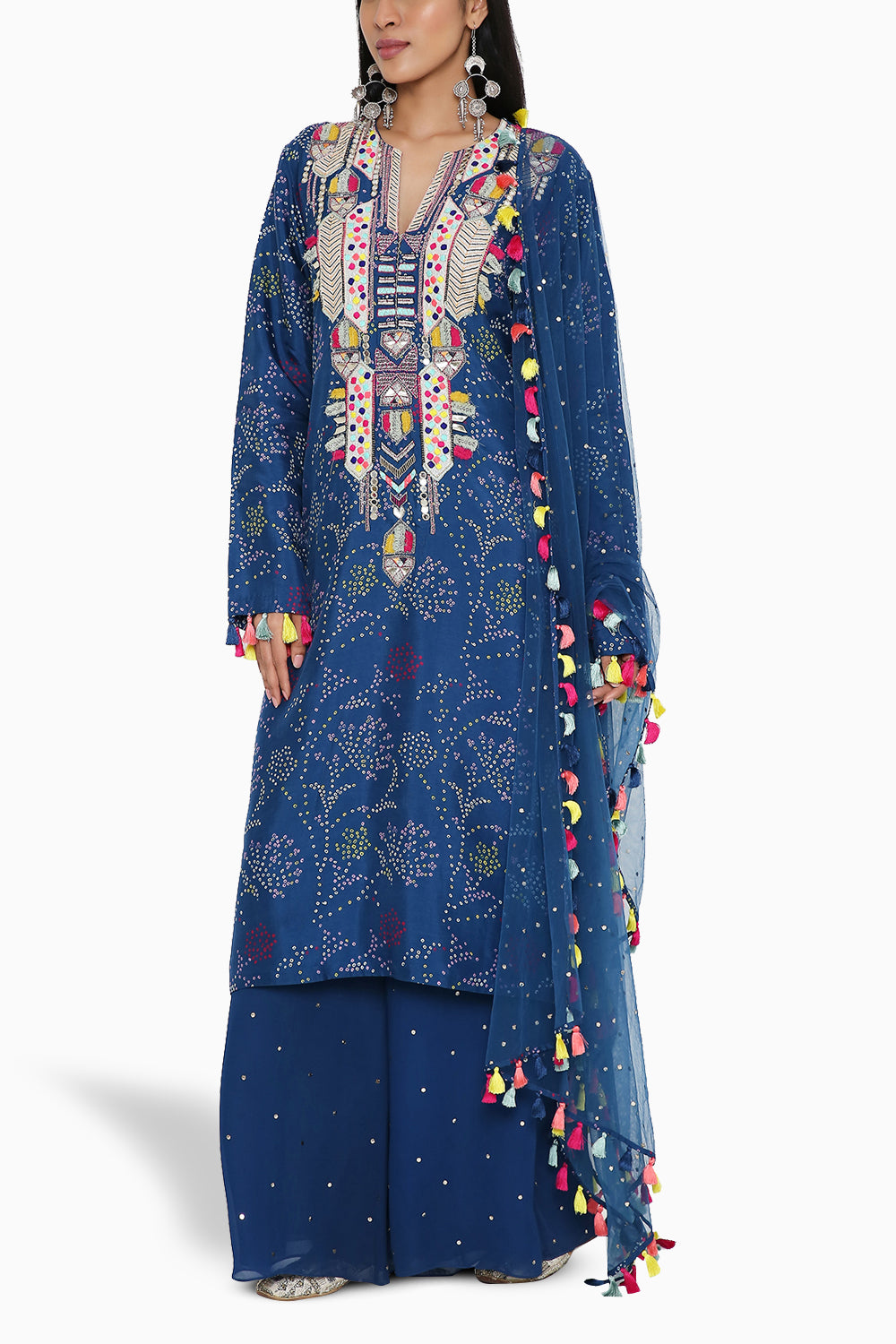 Blue Bandhani Embroidered Kurta with Palazzo and Dupatta