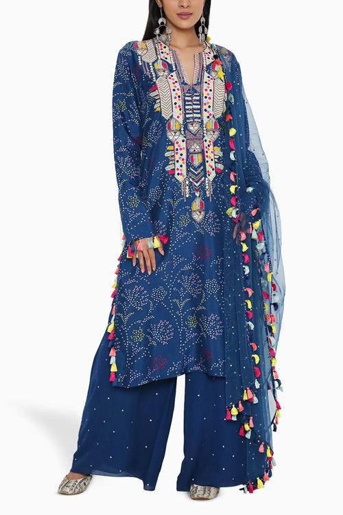 Blue Bandhani Embroidered Kurta with Palazzo and Dupatta
