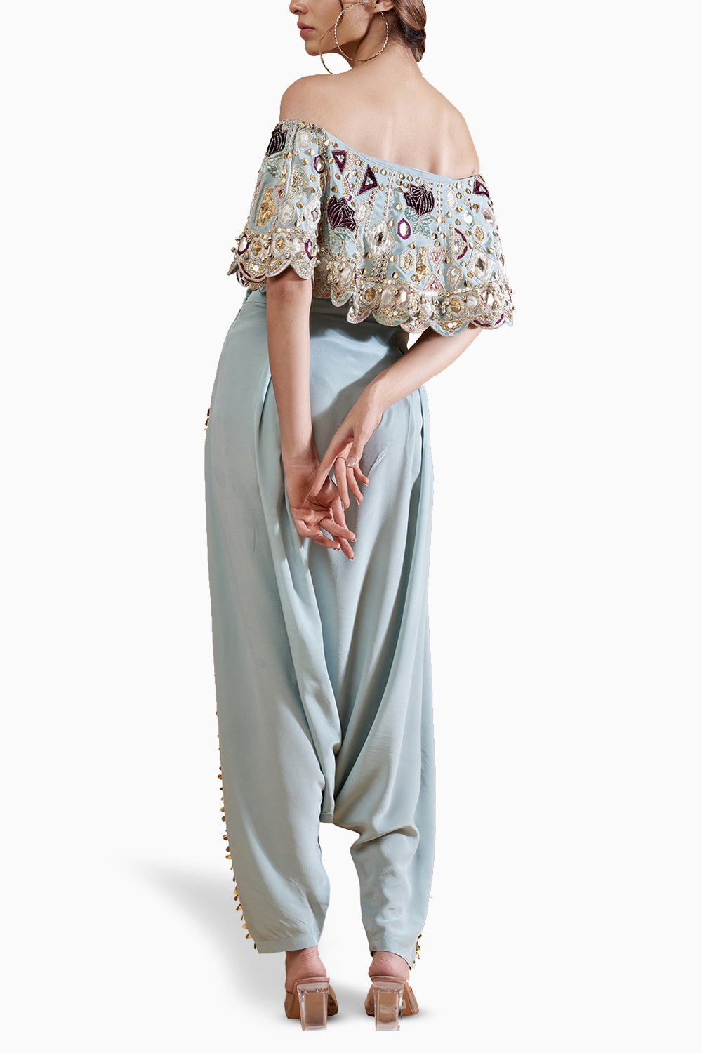 Powder Blue Crepe Embroidered Top with Pant