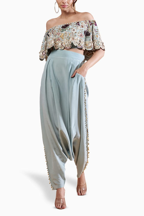Powder Blue Crepe Embroidered Top with Pant